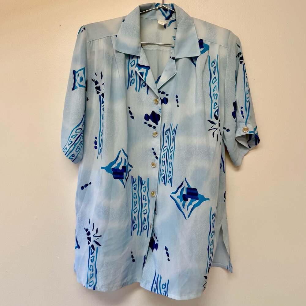 Vintage CP Light Blue Geometric Print Short Sleeve Button-Down Blouse